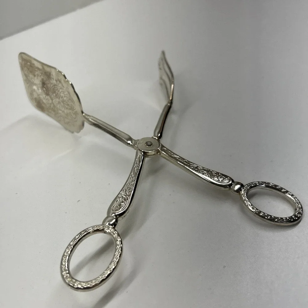 Vintage Silver Plated Salad Tongs Server Scissors Cake Pastry Etched Victorian
